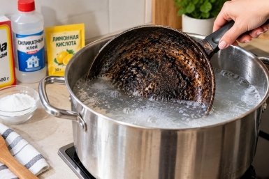 100 г в воду - и кипятим сковороду 5 минут: вековой нагар сойдет легко, как мягкая пленка