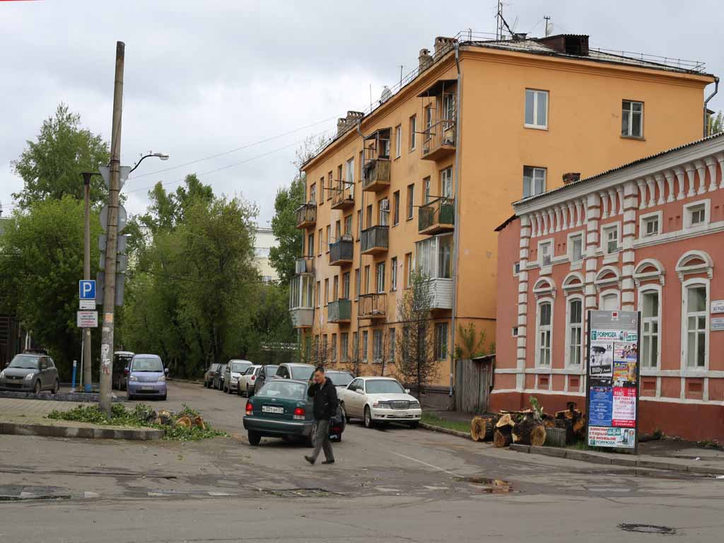 Дерево, рухнувшее на улице Бограда в центре Иркутска, убирают коммунальщики, Фото с места события собственное
