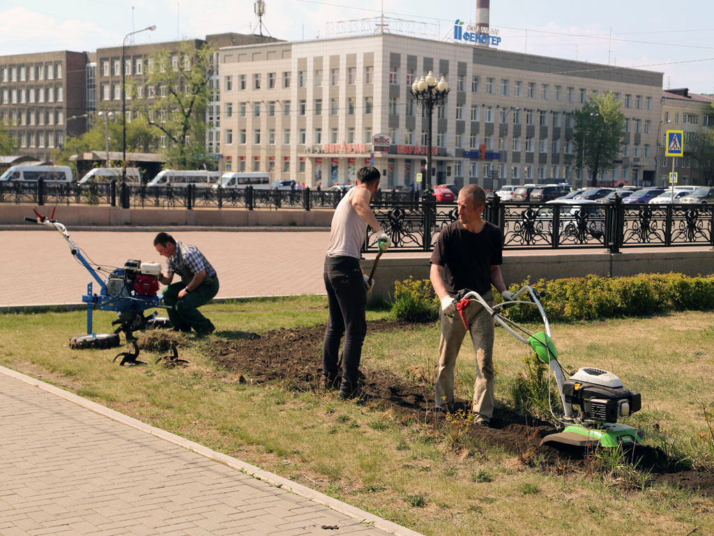 В сквере Кирова в Иркутске начали благоустраивать цветочные клумбы