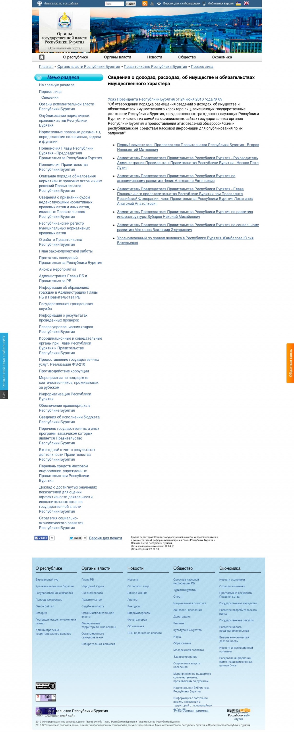 Сведения о доходах правительства Республики Бурятия